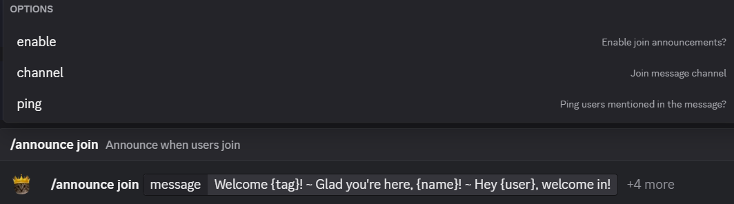 Hugo announce command message configuration