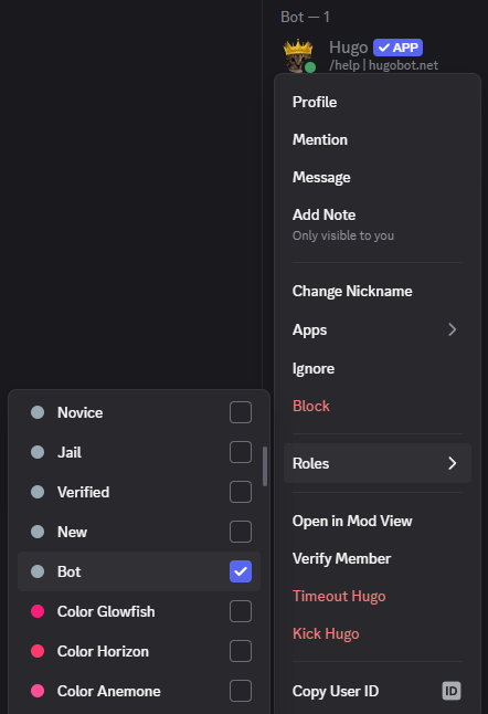 Discord role picker showing the Bot role assigned to Hugo