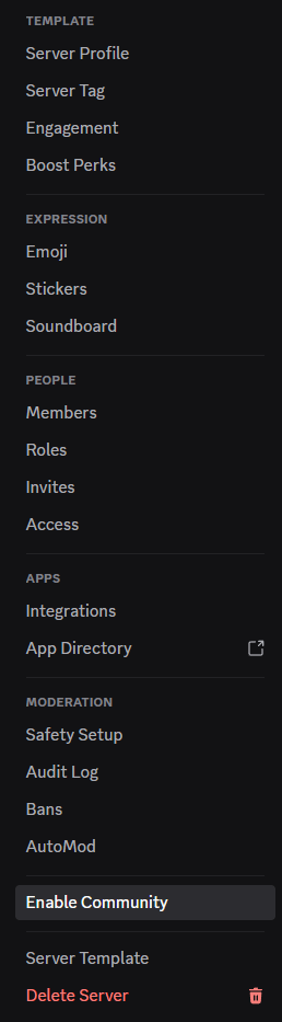 Discord server settings showing the Enable Community option