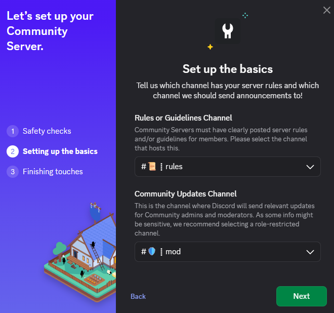 Discord Community setup asking for the rules and updates channels