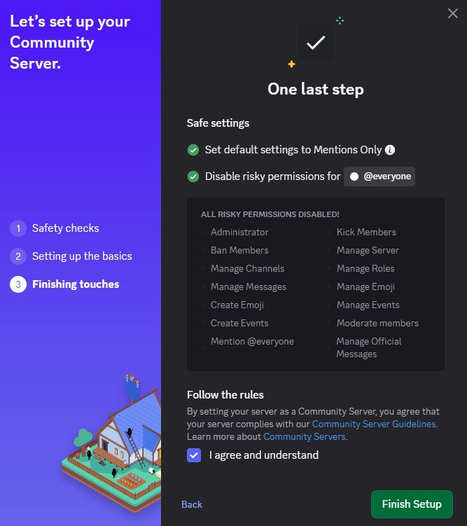 Discord Community setup final safe settings screen