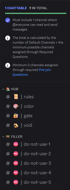 Discord onboarding channel requirements showing filler channels in the template