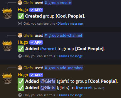 Example of a private group channel managed by Hugo