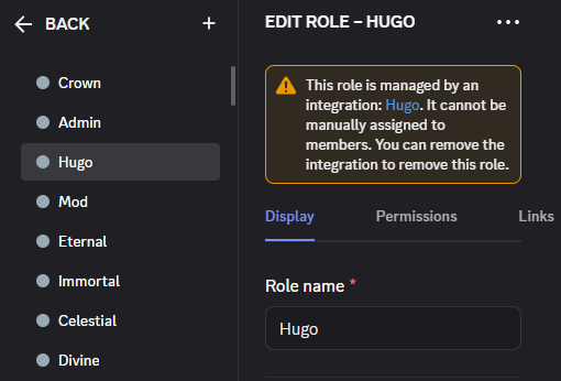 Discord role list showing Hugo near the top of the role hierarchy