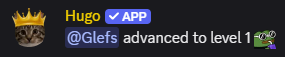 An example Hugo level-up message sent after a member reaches a new level