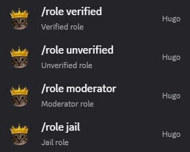 Hugo role configuration showing verified, unverified, moderator, and jail roles