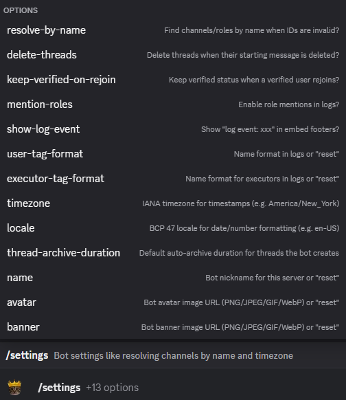 Hugo settings command showing server-wide configuration options
