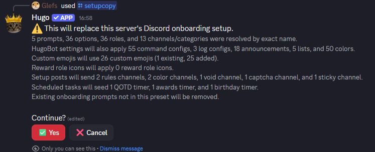 Hugo setup copy confirmation screen